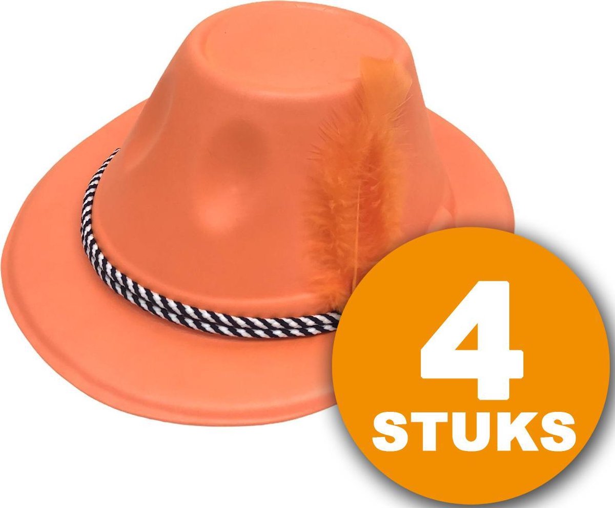 Oranje Feesthoed | 4 stuks Oranje Hoed met Veer | Feestartikelen Oranje Hoofddeksel | Feestkleding EK Voetbal 2021